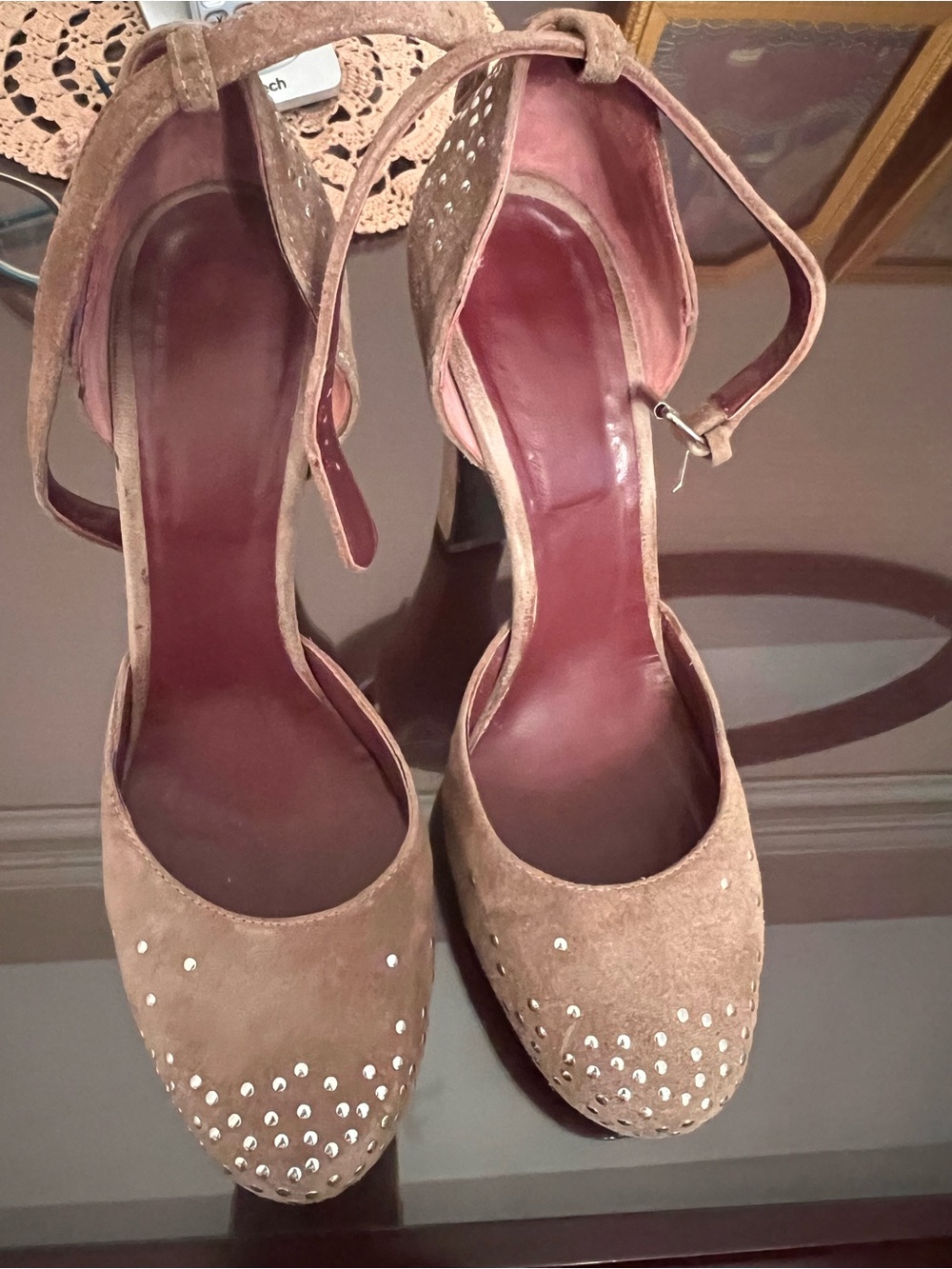 Sportmax Taupe Suede Ankle-Strap Pumps with Stud Embellishments